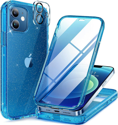 Miracase Glass Series for iPhone 12/12 Pro Case 6.1 inch, Upgraded Full-Body Rugged Phone Bumper Case Cover with Built-in 9H Tempered Glass Screen Protector and Camera Protector, Glitter Blue