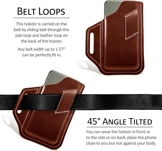 TobbinGear Leather Belt Phone Pouch, Left Handed Leather Cell Phone Holster, Universal Phone Case with Belt Loops, for Men and Women Coffee Large