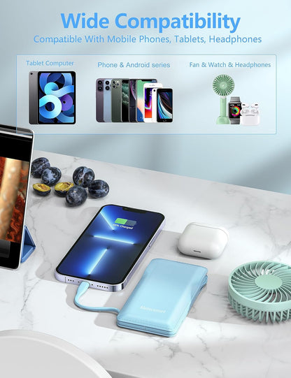 10000mAh Portable Phone Charger with Built-in 2 Cables, Small Slim Mini Power Bank Fast Charging, USB-C In/Output External Battery Pack, Travel Essentials Compatible with Android/IOS Phones