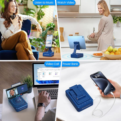 JTEMAN Cell Phone Stand with Bluetooth Speaker and Charging Function,Bluetooth Audio Power Bank Bracket,Birthday Gifts for Men Women,Kitchen Gadgets for Most Phones and Tablets-Blue