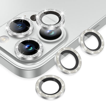 AGVEE 3+3 for iPhone 14 Pro 6.1" / 14 Pro Max 6.7" Camera Lens Protector, Bling Diamond & Bling Glitter Metal Ring 9H Tempered HD Glass Camera Screen Protector Cover Film, Silver