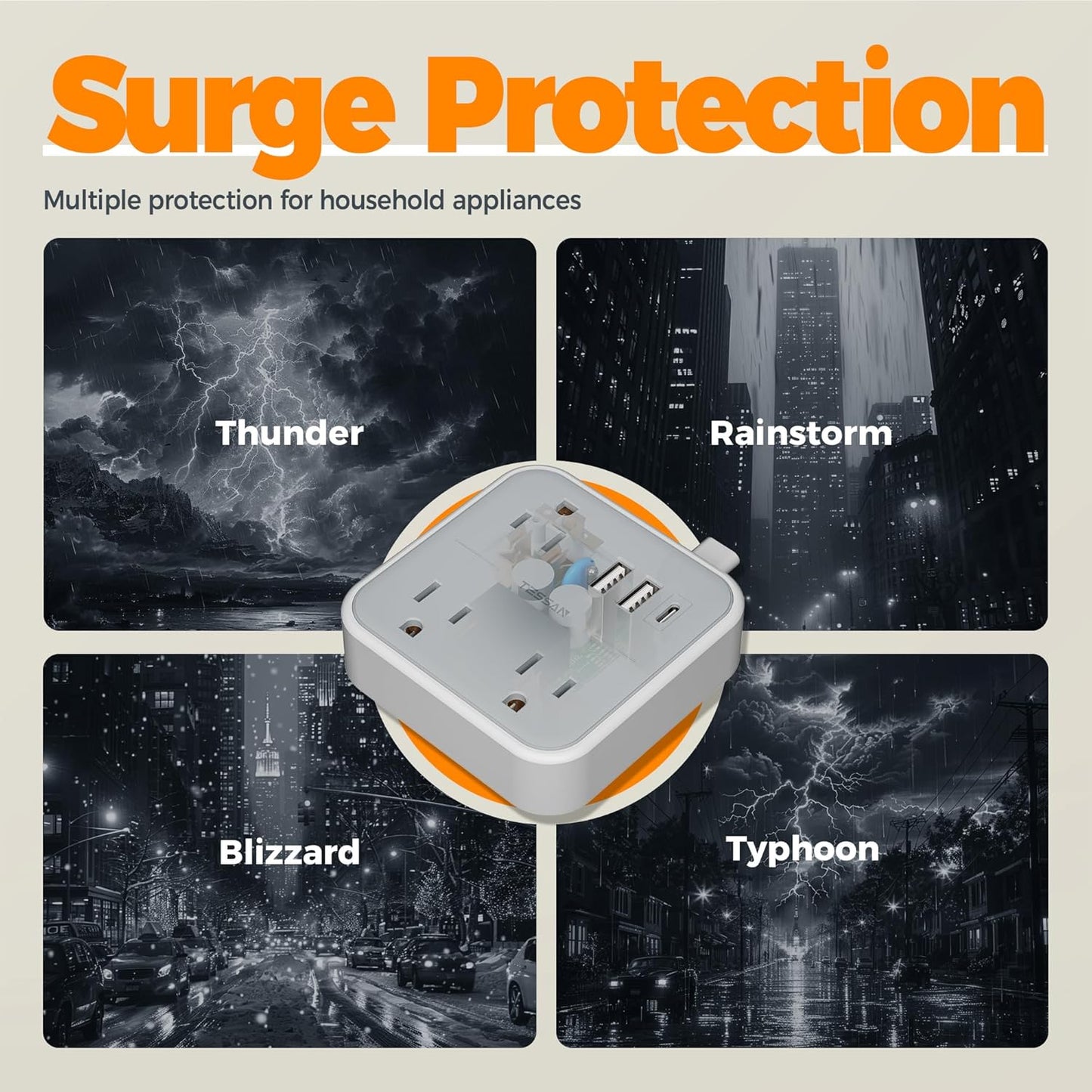 Short Extension Cord with Multiple Outlets 3 FT, TESSAN Small Flat Plug Power Strip with 3 USB (1 USB C) and Multi Outlets, Surge Protector Charging Station for Office, School, Dorm Room Essentials