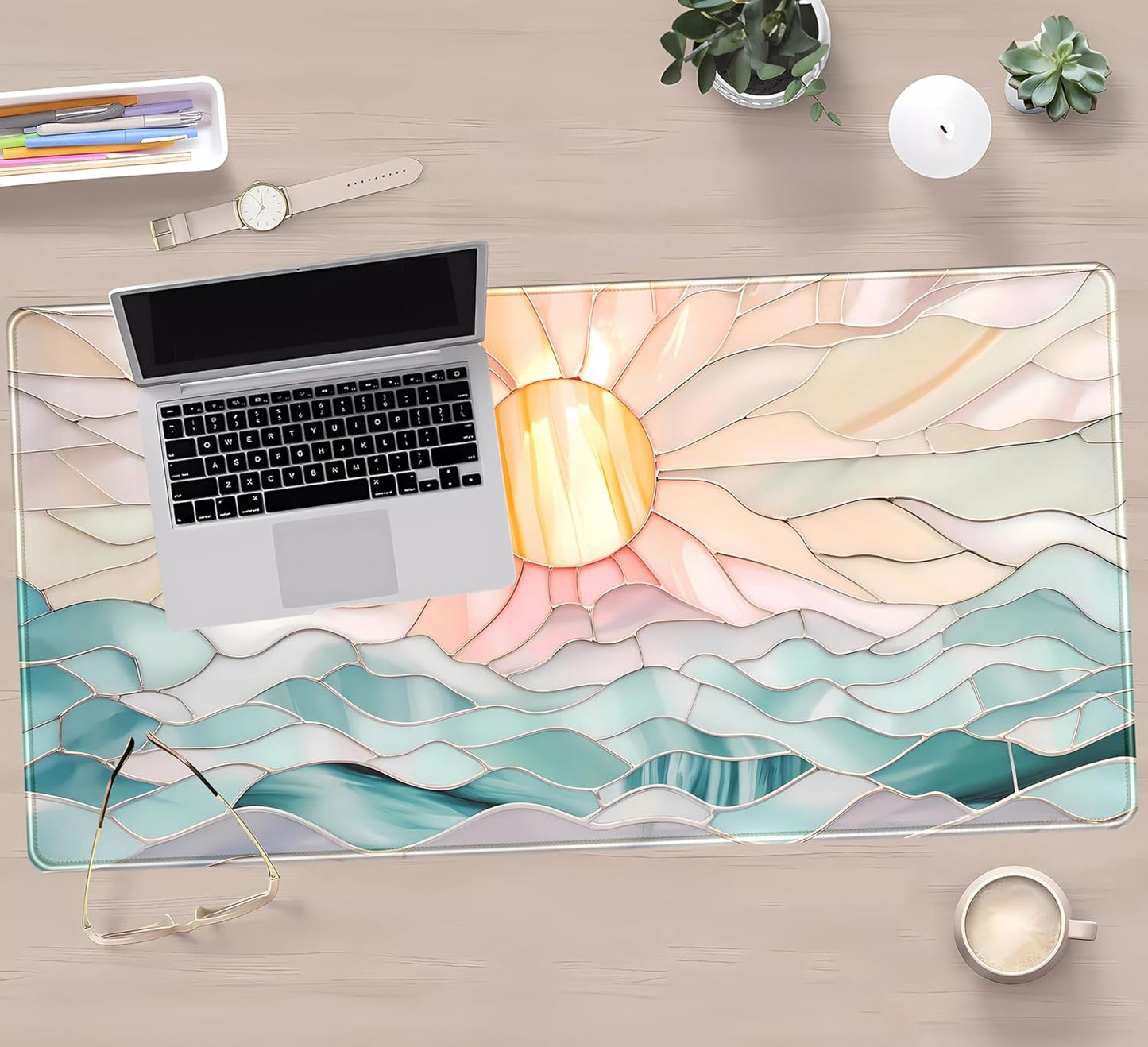 Desk Mat Gaming Desk Pad Large Mouse and Keyboard Pad, Abstract Serene Ocean Sunrise Mouse Mat XXL, Pastel Desk Protector Mat Computer Mats for Desktop Sun & Waves Office Decor 31.5" x 15.7"