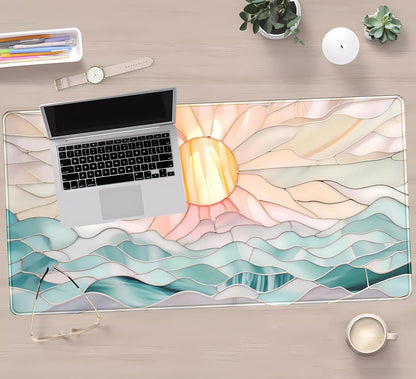 Desk Mat Gaming Desk Pad Large Mouse and Keyboard Pad, Abstract Serene Ocean Sunrise Mouse Mat XXL, Pastel Desk Protector Mat Computer Mats for Desktop Sun & Waves Office Decor 31.5" x 15.7"