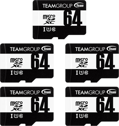 TEAMGROUP Micro 64GB x 5 Pack UHS-I U1 Class 10 SDHC SDXC Read Speed up to 100MB/s High Speed Flash Meomry Card with Adapter for Camera, Surveillance, Full HD Shooting TUSDX64GCL10U63