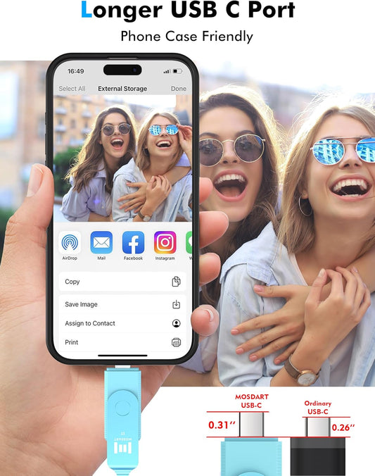 MOSDART 1TB USB3.1 Fast Speed C and A Dual Flash Drive, exFAT Memory Stick with Keychain and LED Indicator, for iPhone 15 and 16, Android Phone, iPad, MacBook, and Other Laptops, Sky Blue