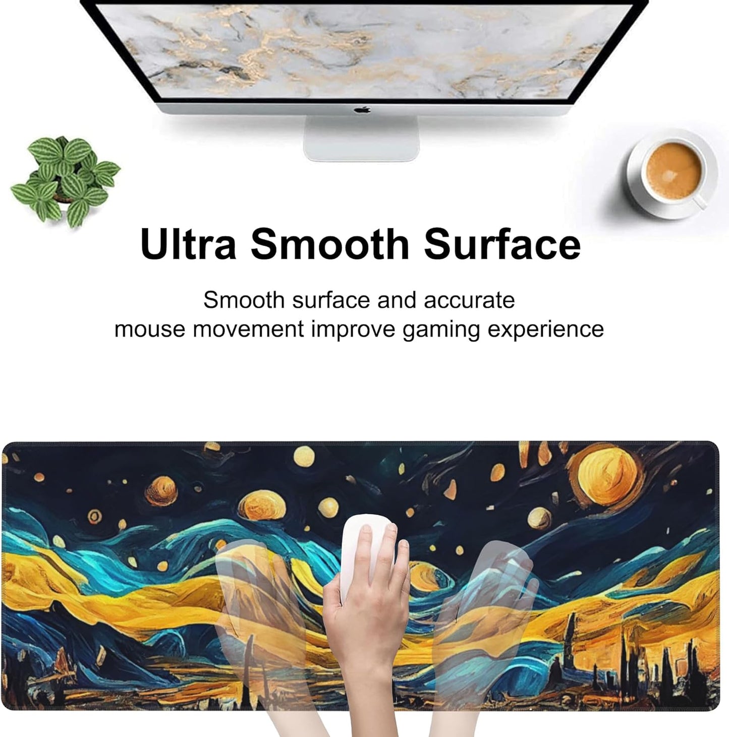 The Starry Night Desk Mat,Large Vincent Van Gogh Oil Painting Gaming Keyboard Mouse Pad,Non-Slip Rubber Base Desk Pad Thick Stitched Edges Waterproof Mousepad Mouse Mat 31.5"x11.8"
