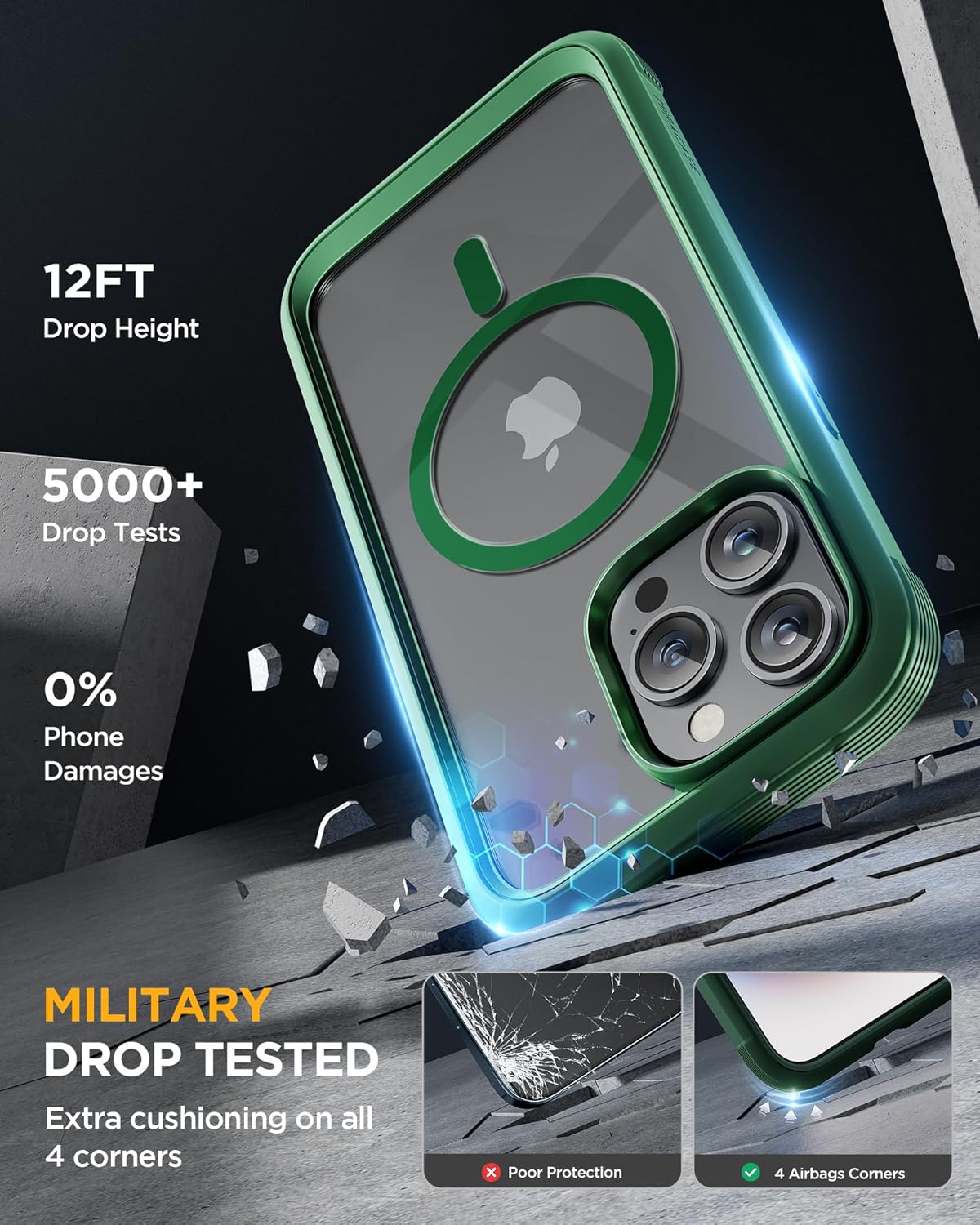 Miracase Magnetic for iPhone 15 Pro Case [Compatible with MagSafe] Full-Body Bumper Phone case with Built-in Glass Screen Protector& Camera Protector, Military Drop Proof 15 Pro Cover, Magnetic Green