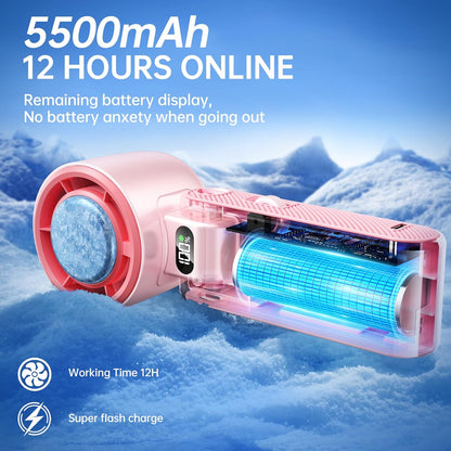 Handheld Portable Fan with Ice Cooler: 100-Speed 5500mAh Rechargeable Handheld Fan, 12H Time Hand Cooling Personal Fans with 20000 RPM Air Turbo Tech for Travel Outdoor (Pink)