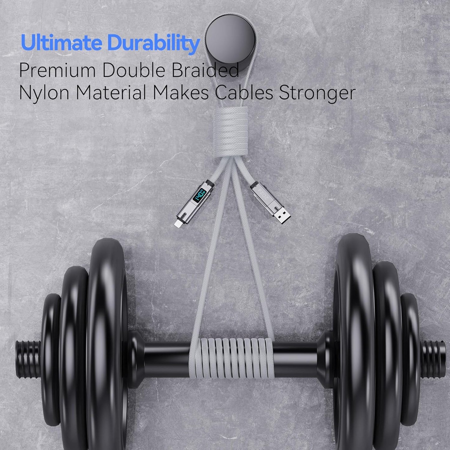 pzoz 4-in-1 USB C Fast Charging Cable with LED Display, Multi USBC Charger Combo Lightning/Type C/USB A Metal Ports for iPhone 16/15/14 Pro Max iPad MacBook AirPods Pro Samsung Google (140W, 5 ft)