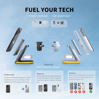 Wireless Charger 5 in 1 Magnetic Charging Station Stand with Portable Power Bank for Apple/Samsung Multiple Devices for Apple Watch 10-2,iPhone 16 15-12 Pro Max/Samsung Galaxy S25 Ultra S24-S8