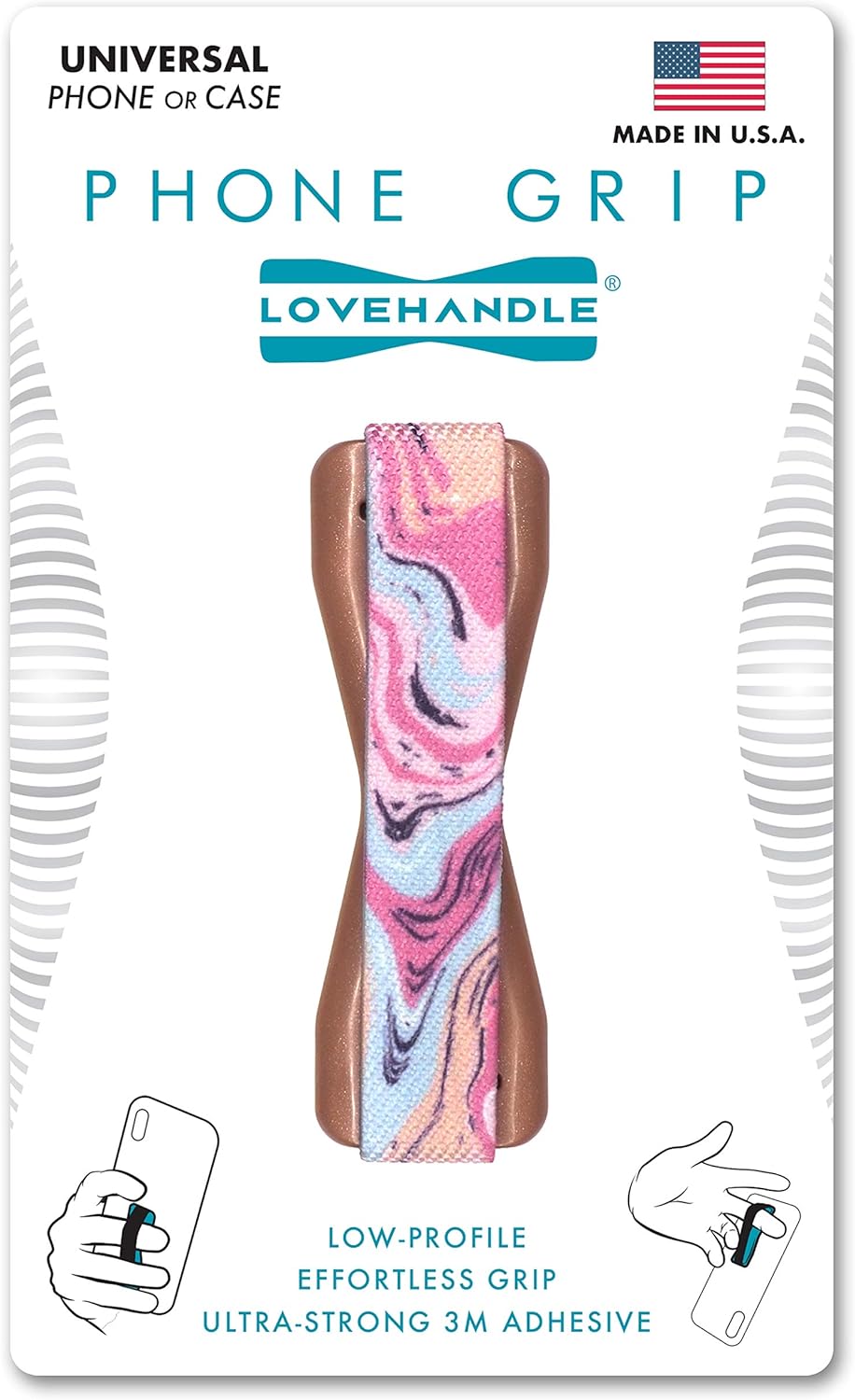 LOVEHANDLE Universal Phone Grip for Smartphones & Mini Tablets - Phone Holder for Hand - Wireless Charging Compatible - Made in The USA - Marble Rose