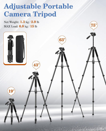 JOILCAN 75" Camera Tripod, Tripod for Camera Cell Phone, Aluminum Heavy Duty Tripods Stand, Tall Travel Tripods with Carry Bag Compatible with iPhone Canon Nikon DSLR Camera Laser Projector