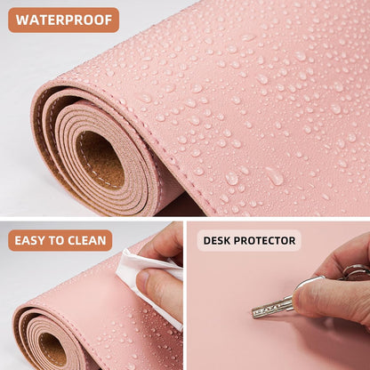 Leather Desk pad Protector, Large Desk mat with Natural Cork & PU Leather,Mouse pad,Non-Slip Office Desk Mat,Waterproof Desk Writing Pad for Office and Home (35in*17in, Rose Pink)