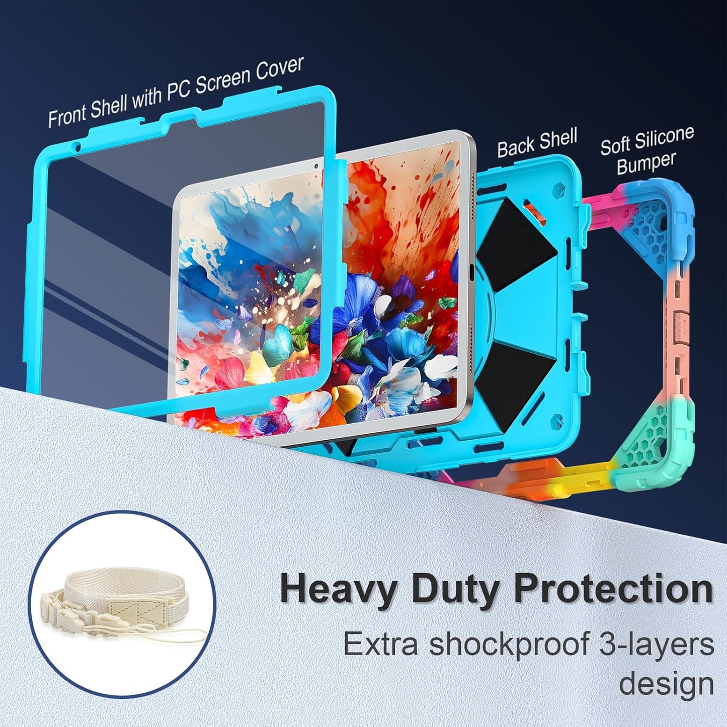 Case for iPad (A16) 11th Generation 11 Inch (2025), iPad 10th Generation Case 10.9 Inch (2022), Shockproof Cover with 360° Rotating Stand Screen Protector Pen Holder Shoulder Strap,RainbowBlue