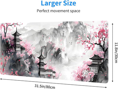 Japanese Cherry Blossom Large Mouse Pad,Gaming Keyboard Desk Pad,Extended Mouse Mat Non-Slip Rubber Base with Stitched Edges for Office Game Home XL 31.5"x11.8"