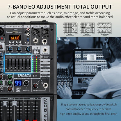 Audio Mixer, TKLBLS Professional 8 Channel DJ Mixer Board with 99-Bit DSP, Sound Board Mixing Console 7-Band EQ Output, USB Audio Interface, Bluetooth 48V Phantom Power For Karaoke Studio Streaming