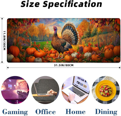 Autumn Turkey Gaming Mouse Pad, Pumpkin and Fall Leaf Mousepads for Gaming Home Office Work, Extended Mats Computer Keyboard Laptop, 31.5×11.8 Inch Large Desk Mat with Non-Slip Rubber Base