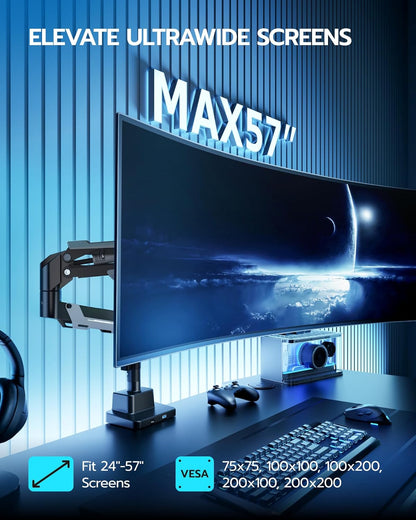 ARES WING Single Monitor Mount with USB, Ultrawide Monitor Arm for 24 to 57 Inch Heavy Duty Curved Screen, Adjustable Gas Spring Monitors Arm Stand up to 66LBS with 75/100/200 Vesa Mount, Black