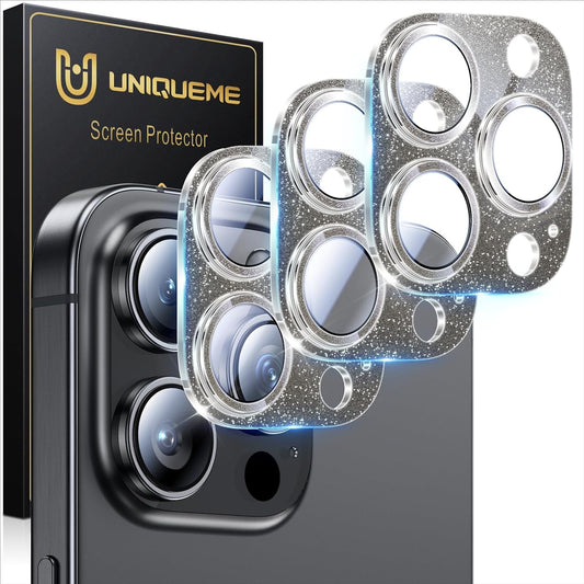 UniqueMe for 3 Pack iPhone 16 Pro/iPhone 16 Pro Max Camera Lens Protector - [Drop Protection] [Case Friendly] 9H Tempered Glass Camera Cover Screen [Update New Version] - Glitter Black