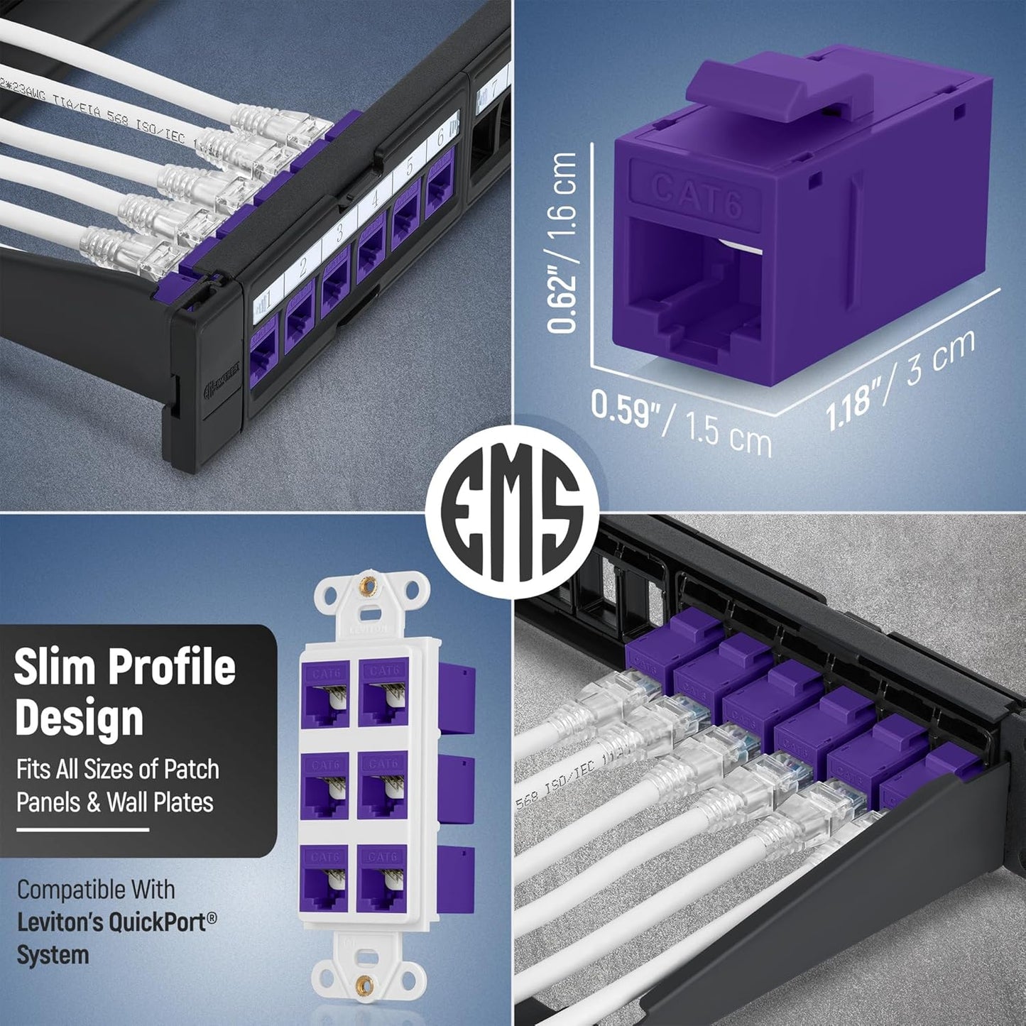 Everest Cat6 RJ45 Keystone Coupler (24-Pack) in Purple - RJ45 Coupler - Cat 6 Couplers - Female to Female Cat6 Keystone Jacks - Ethernet Couplers - Ethernet Cable Extender