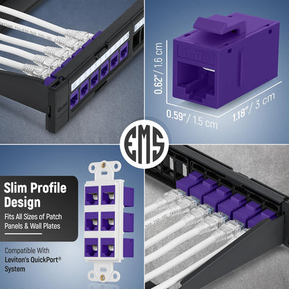 Everest Cat6 RJ45 Keystone Coupler (6-Pack) in Purple - RJ45 Coupler - Cat 6 Couplers - Female to Female Cat6 Keystone Jacks - Ethernet Couplers - Ethernet Cable Extender