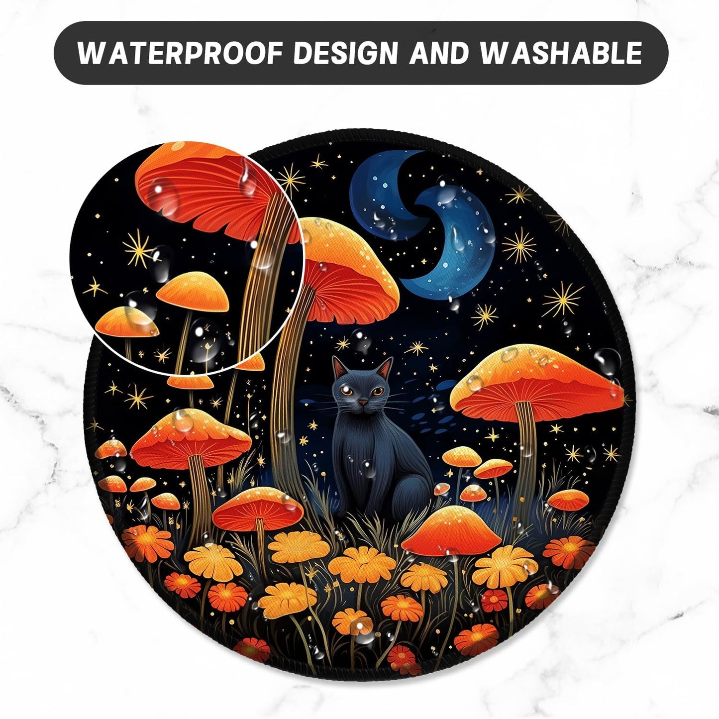 ITNRSIIET Round Mouse Pad with Stitched Edge Premium-Textured Waterproof Non-Slip Rubber Base Desktop Protection Mat Diameter 8.7 inches, Cat and Mushroom