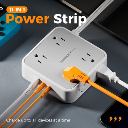 Surge Protector Power Strip, TESSAN Flat Plug Extension Cord with Multiple Outlets, 8 AC Outlets, 3 USB Ports(2 USB C), 5 Ft, 900 Joules Protection, 3-Sided Charging Station for Home Office Dorm Room