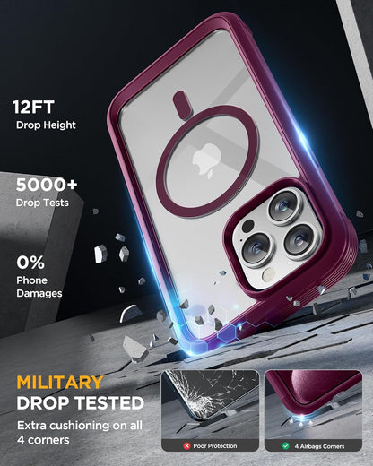 Miracase Magnetic for iPhone 12 Pro Max Case [Compatible with MagSafe] Full-Body Phone case with Built-in Glass Screen Protector& Camera Protector, Military Drop Proof 12 Pro Max Cover, Wine Red