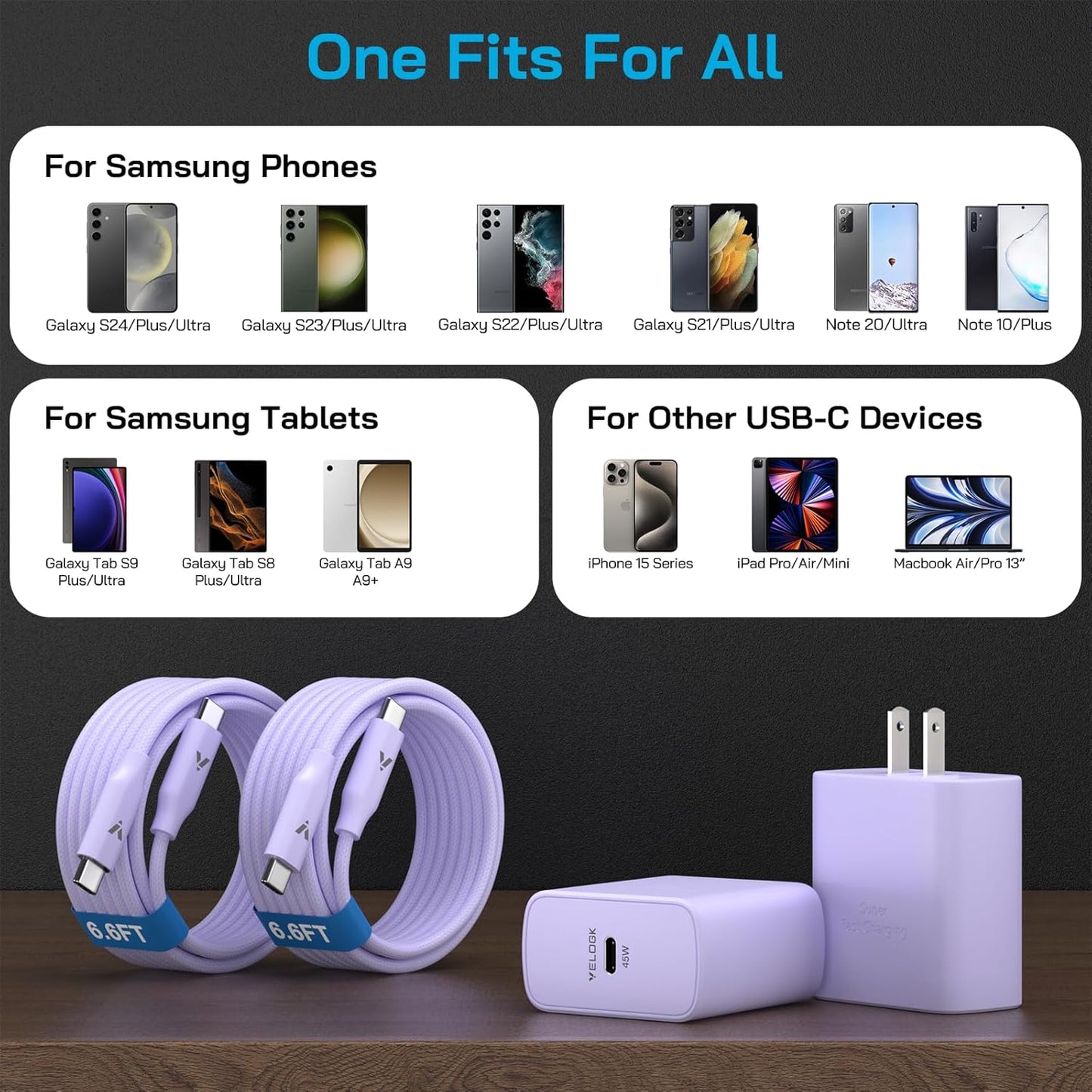 45W Super Fast Charger USB C,45 Watt Type-C Android Phone Charger Fast Charging Block with 6.6FT Type C Cords for Samsung Galaxy S25 Ultra/S24 Ultra/S24+/S23 Ultra/S22 Plus/S20,Tab S9/S8 Ultra(Purple)