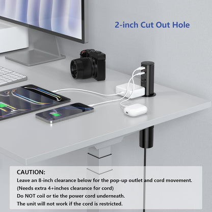 2 Inch Pop Up Outlet for Countertop,Power Grommet 2-inch Desk Wire Hole Insert,20W USB C,2 Outlets,2 USB C/1 USB A,Recessed Outlet,Desk Charging Station (Black, 6 FT Cable)