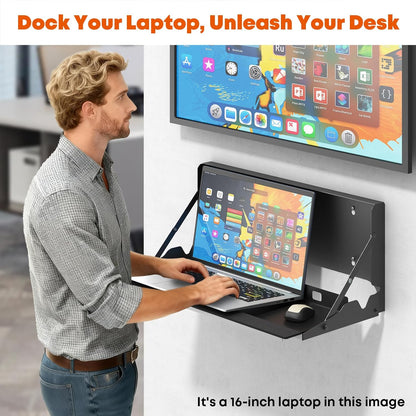 Flip Down Keyboard Tray Wall-Mount - 24 Inch Computer Keyboard and Mouse Platform Tray, Space Saving Design, Mouse Pad and Wrist Pad Included, Holds Up to 22 lbs, Black