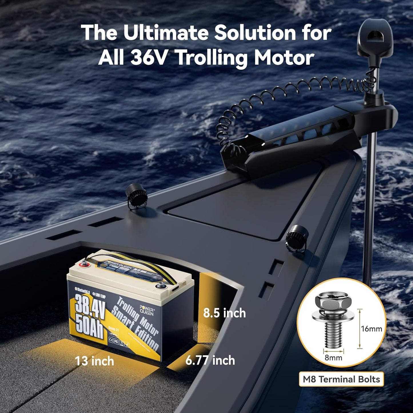 Power Queen 36V50Ah LiFePO4 Battery with Bluetooth 5.0 Remote Control, Low-temperature Protection, 1920Wh Energy, Deep Cycle Lithiumn Battery for 36V Trolling Motor Up To 120 lb