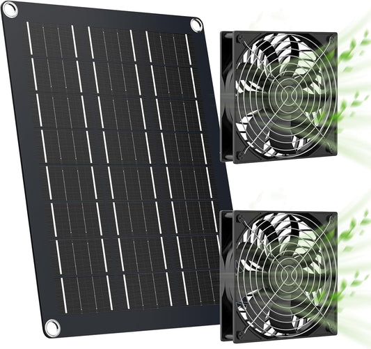 MARBERO 4.7 Inch Solar Powered Fan Kit, 15W Solar Panel with 2 Waterproof Fans, Intake or Exhaust Air Fan wtih 13 Ft Cable for Outside Backyard Chicken Coops, Greenhouses, Dog Houses, Pet Houses
