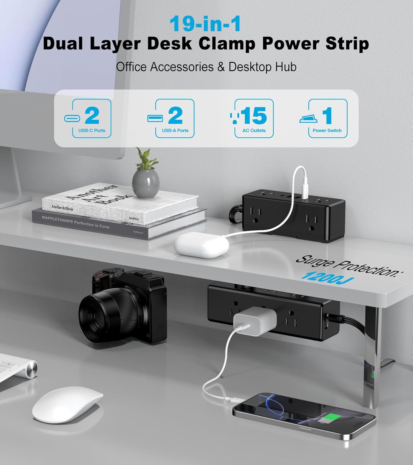 Dual Layer Desk Clamp Power Strip, 19 in 1 Desktop Edge Mount Surge Protector with 4 USB Ports(2 USB-C) & 15 AC Outlets, Ultra Thin Flat Plug & 15FT Power Cord for Office Home(ETL Listed)