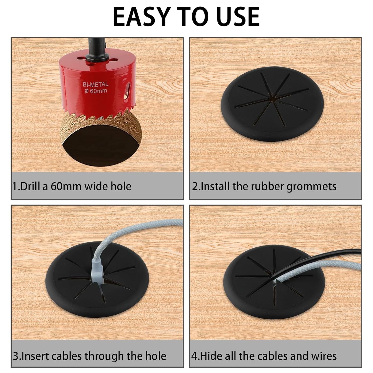 2-3/8IN(60mm) Desk Grommet, 13 Pieces Wire Grommet, Desk Hole Cover for Cables with Hole Saw,Plastic Cable Cord Wire Hole Cover for Desk, Table,Cabinet,Countertop and Other Furniture(Black)