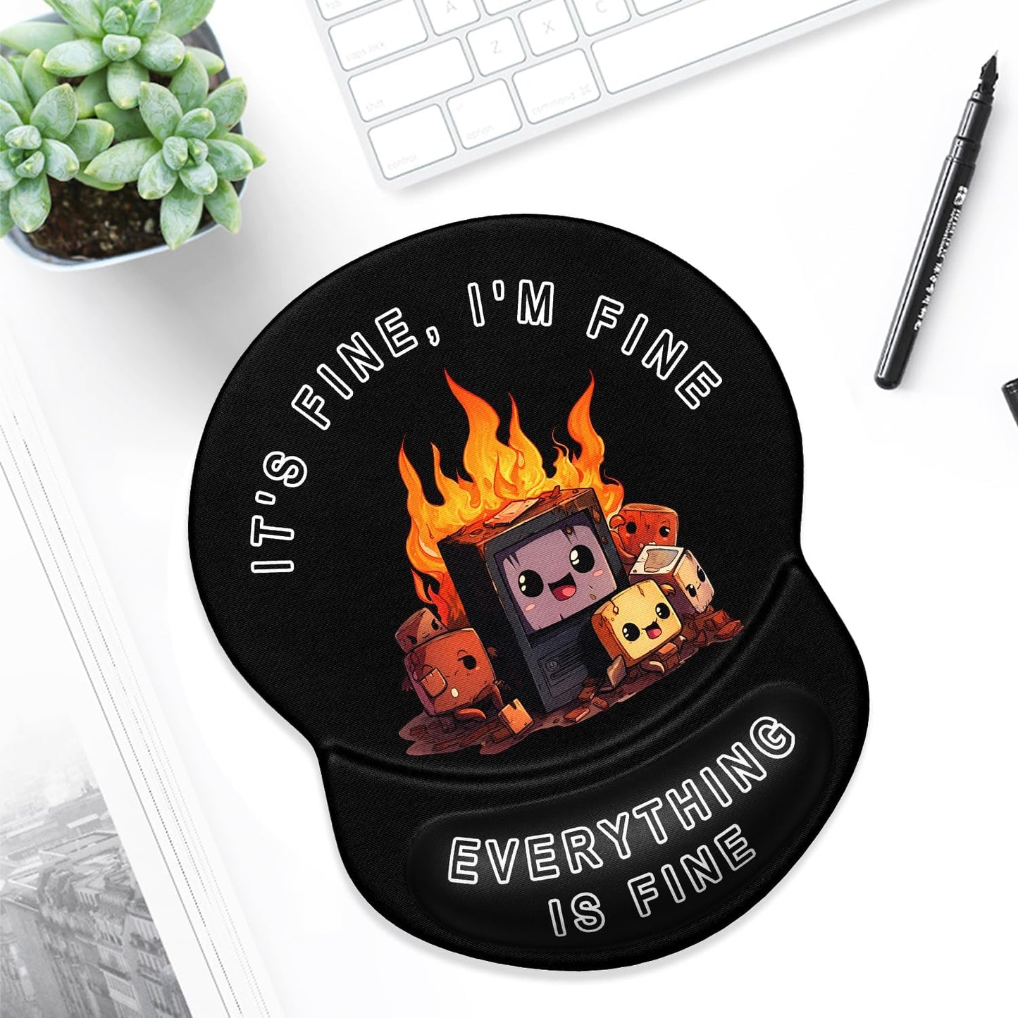 ITNRSIIET Ergonomic Mouse Pad with Gel Wrist Support Small Wrist Rest Smooth Surface Non-Slip PU Base Comfortable Office Supplies Pain Relief, 8.7 x 7.2 inches, Funny Burning Box