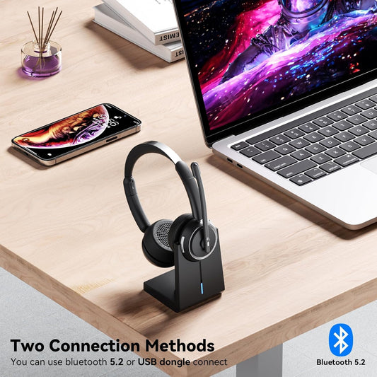 Wireless Headset with Mic for Work, Bluetooth Headset with Mic (AI Noise Canceling & Mic Mute), Wireless Headphones with USB Dongle & Charging Base for Work/Home/Call Center/PC/Computer/Zoom/Teams