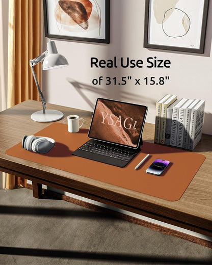 YSAGi Leather Desk Pad Protector, Office Desk Mat, Large Mouse Pad, Non-Slip PU Leather Desk Blotter, Laptop Desk Pad, Waterproof Desk Writing Pad for Office and Home (Brown, 31.5" x 15.8")