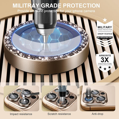 beuxece Compatible for iPhone 16 Pro/iPhone 16 Pro Max Camera Lens Protector, Bling Metal Tempered Glass Camera Screen Cover [Strong Adsorption][Case-Friendly]- Glitter Deep Titanium Desert