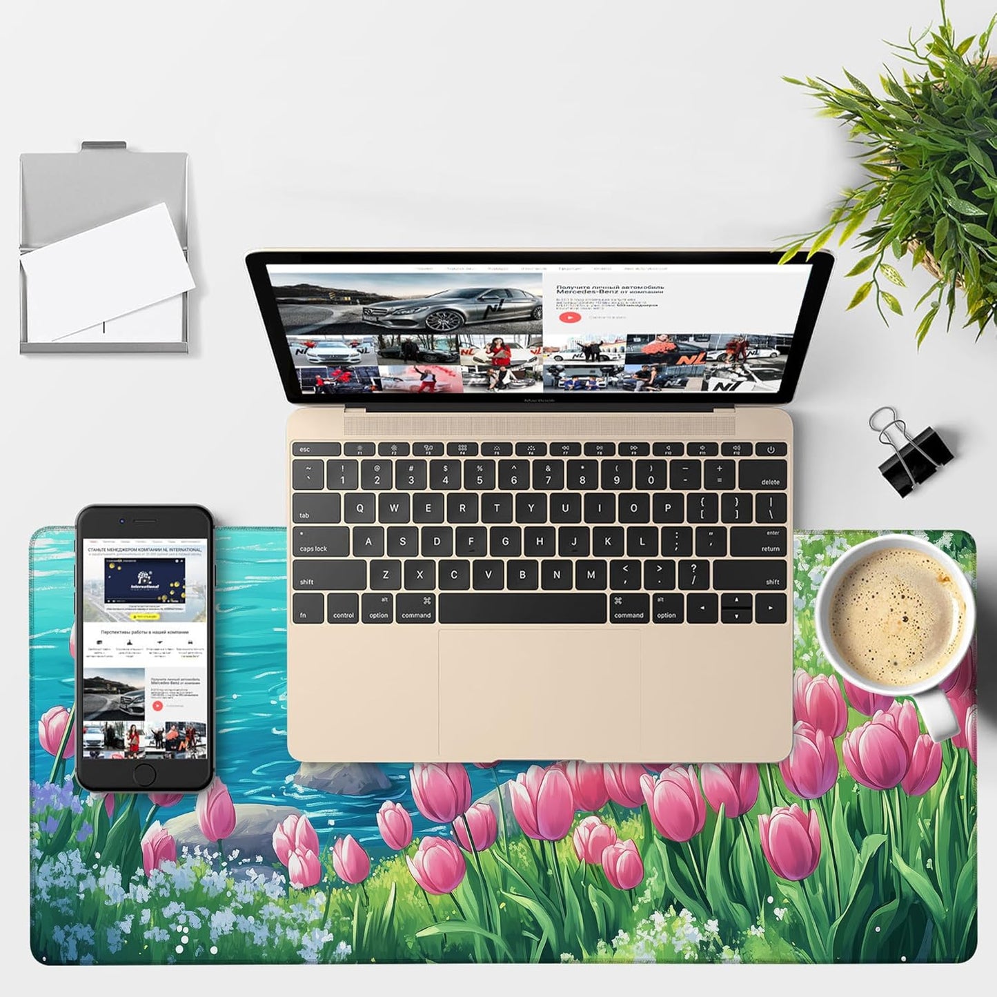 Large Mouse Pad Blooming Tulips Gaming Desk Pad Computer Keyboard Non-Slip Waterproof Mouse Mat with Rubber Base and Stitched Edges Entertainment Office Writing Desk Mat 35.4 x 15.7 Inches