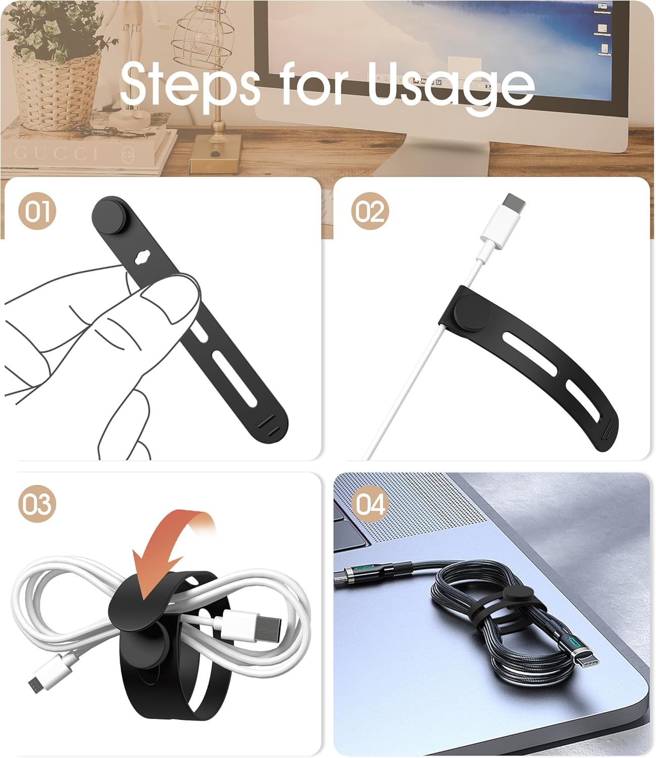 40Pcs Nearockle Reusable Cable Ties, Adjustable Silicone Cord Organizer Small Zip Ties for Charging Cords Earphone Computer Wire, Office Desk Cable Management Travel Accessories(Black)