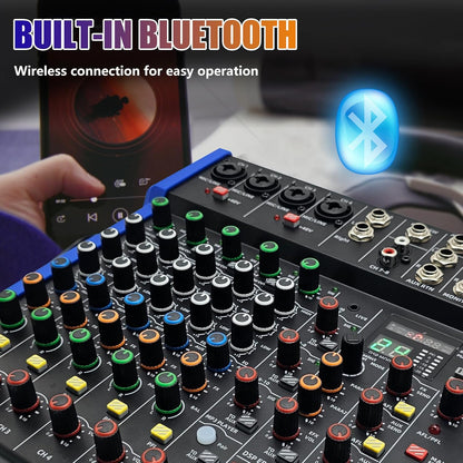 EXOTON Professional Audio Mixer Console, 6 Channel with USB, Bluetooth, MP3 Input, 48V Phantom Power, Ideal for Studio, Live Performance, and DJ Use