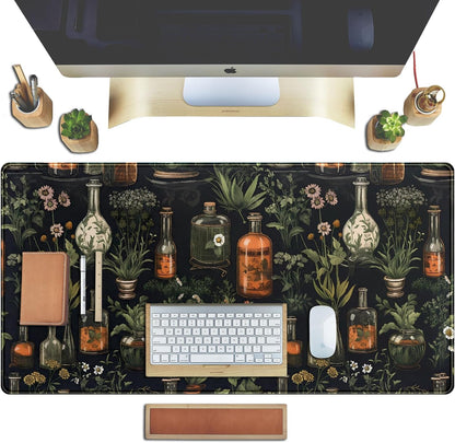 Black Aesthetics Desk Mat Mouse Pad Large Gaming Mouse Pad Desk Pad Mousepad, Mystical Green Plant Computer Laptop Keyboard and Mouse Mat, Desktop Protector Mat for Women Girl Office 31.5x15.8 in