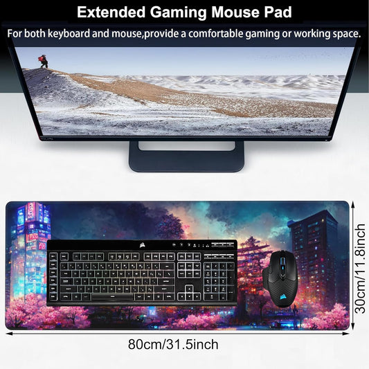 Japanese Fantasy Night City Desk Mat,Large Beautiful Night Scene Gaming Keyboard Mouse Pad,Non-Slip Rubber Base Desk Pad Thick Stitched Edges Waterproof Mousepad Mouse Mat 31.5"x11.8"