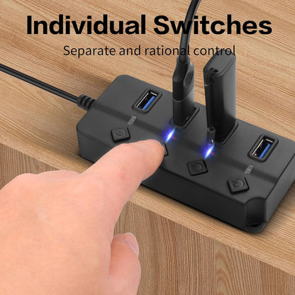 90 Degree USB Hub Splitter YACSEJAO USB 2.0 Data Hub with Individual LED Button On/Off Switch DC5.5 * 2.1 Power Port for Laptop,PC Computer (4 Ports, 1M)