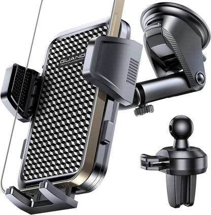 [2025 New] Dashboard Phone Holders for Your Car (+Air Vent Clip) [Military Grade Stable] , Car Cell Phone Holder, Rotatable Suction Cup Car Phone Mount for All Phone (Cube Black)