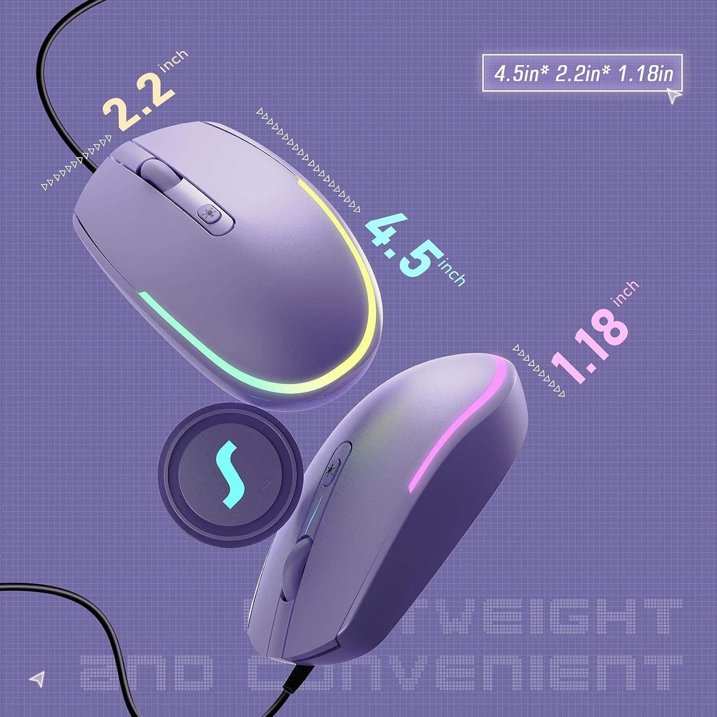 Seenda Wired Mouse - USB Computer Mouse with RGB Backlit Optical LED, Attached USB Cord for Laptops, Notebooks, Chromebook - Purple