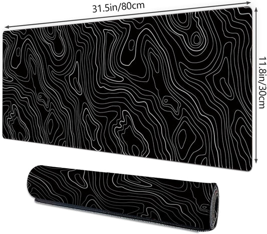Gaming Mouse Mat Forest Background Pattern XXL XL Large Mouse Mat Long Extended Mouse Pad Desk Mat Non-Slip Rubber Mice Pads Stitched Edges Thin Pad (Topographic Map Balck)