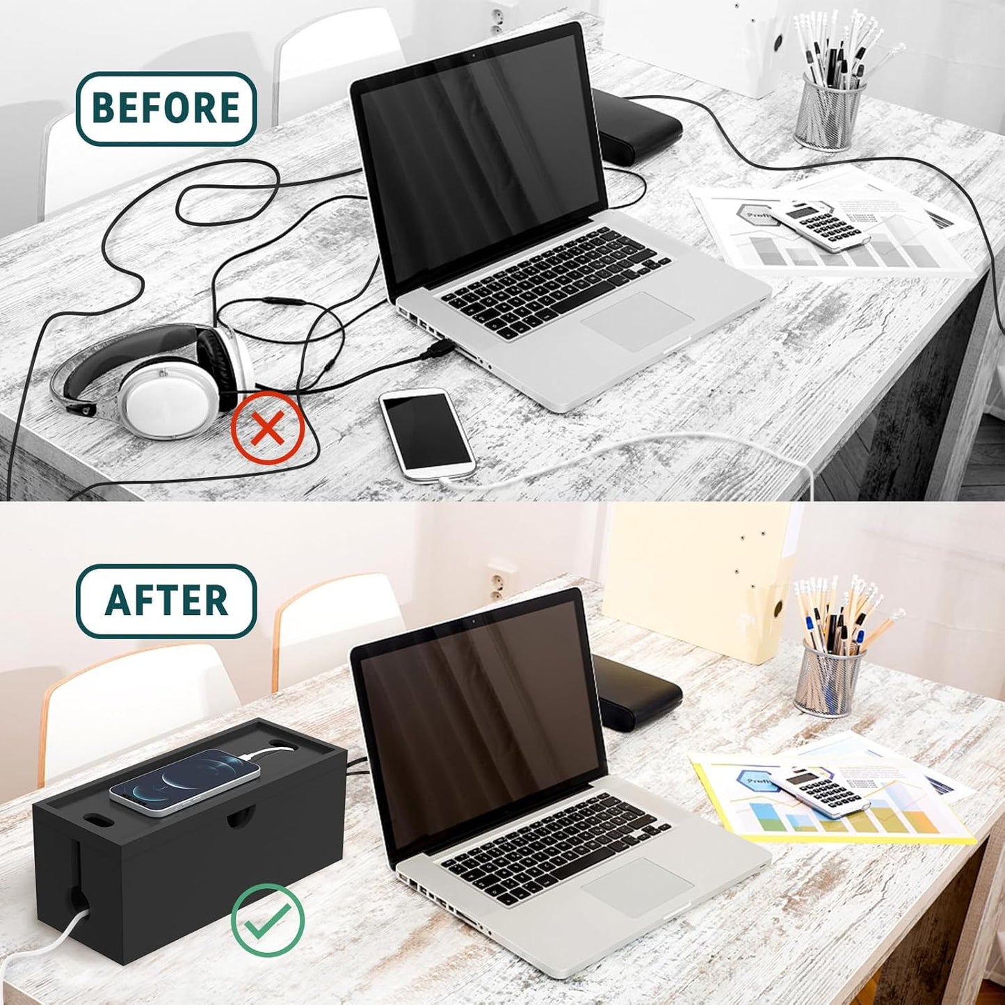 Bamboo Cable Management Box, Large Cord Organizer Box Cable Box to Hide Wires & Power Strips for Desktop Storage Cord Holder for Office Home,No Assembley Required (All Black, 1Medium)